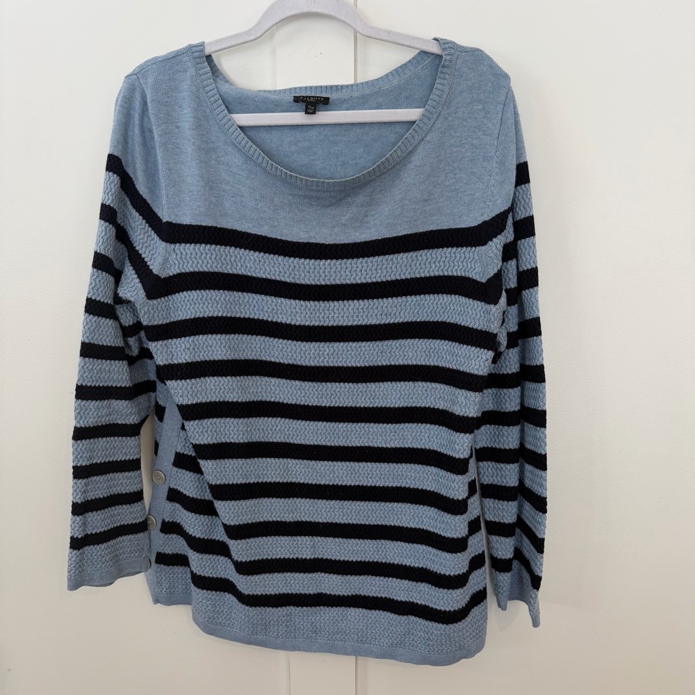 Talbots Women’s SweaterTextured Blue Stripe Buttons Nautical Coastal Grandma XLP